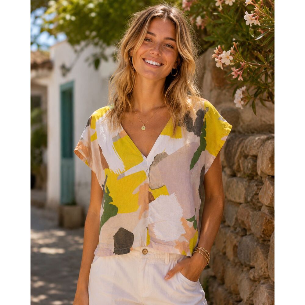 Quiksilver Linen Blend Watercolor Cropped Top Medium V-Neck Yellow Abstract